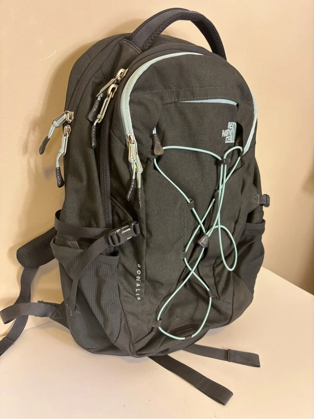 The North Face Borealis Grey Backpack with Light Blue Accents